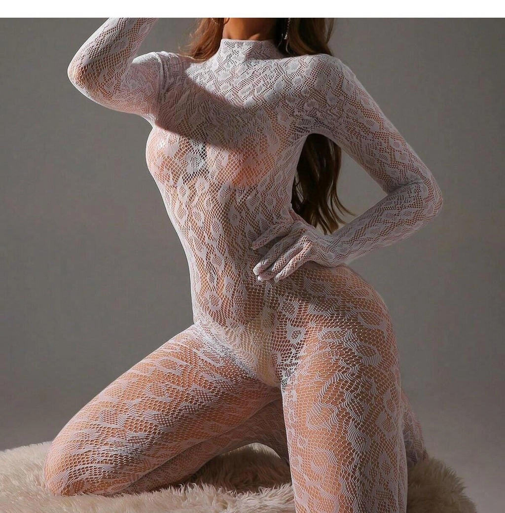 Kadın Seksi Leopar Desenli Transparan File Tulum Uzun Kollu Eldivenli Büyük Beden Vücut Çorabı